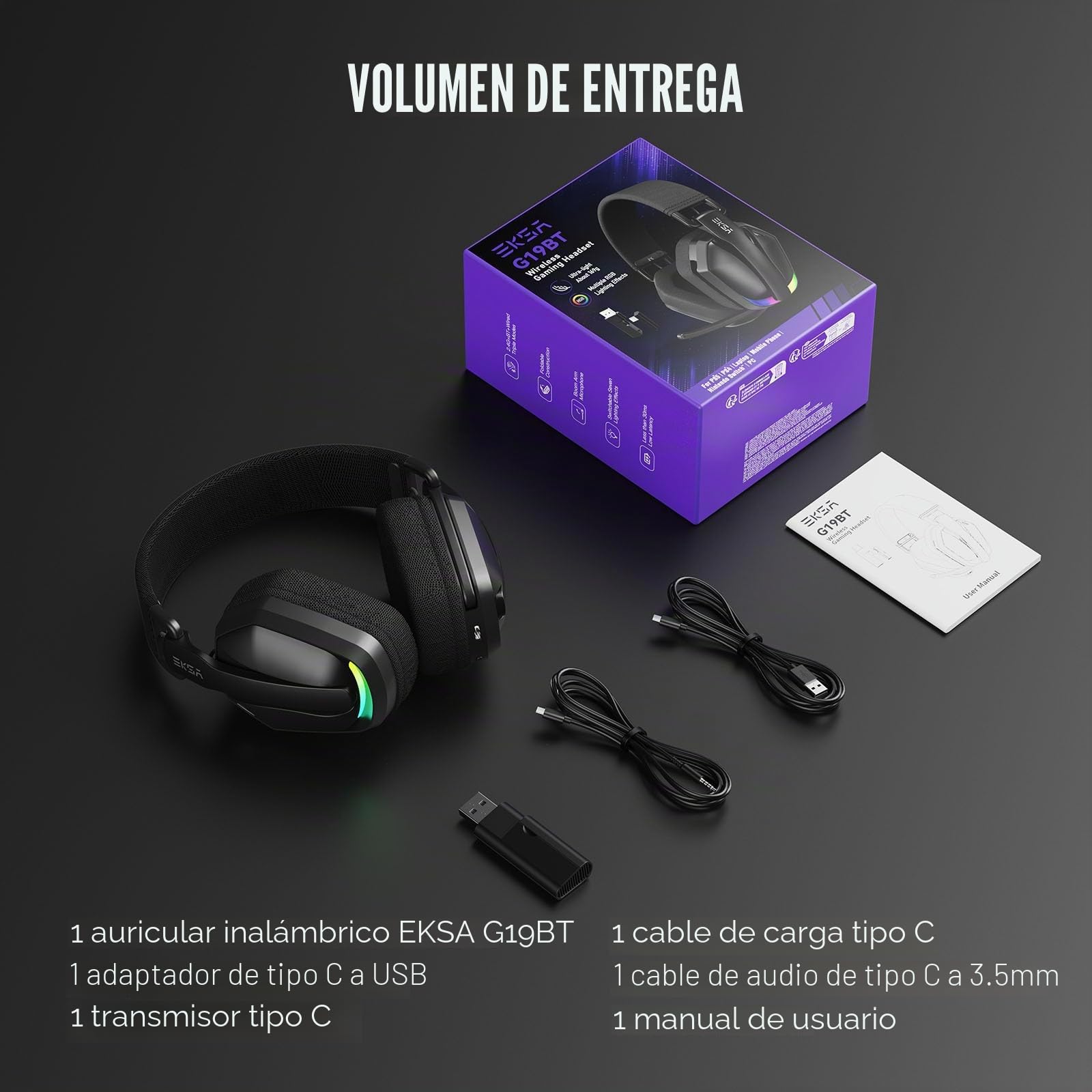 EKSA G19 BT Cascos Gaming Inalámbricos,4 en 1 Auriculares Gaming con Micrófono USB 30ms Baja Latencia Gaming Headset BT 5.4 y RGB Luz, para PC PS5 PS4 Mac Móvil