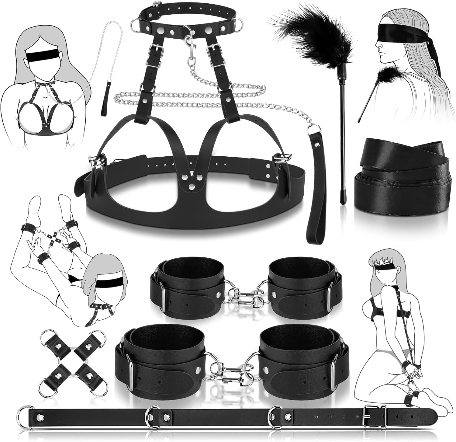 13-Pcs Sex Bondage Toys BDSM Beginners Kit for Women Couples, Adjustable Breasts Restraints, Collor and Leash, Wrist and Ankle Cuffs with Hog Tie, Behind Back Restraints, Blindfold & Tickler （Black）