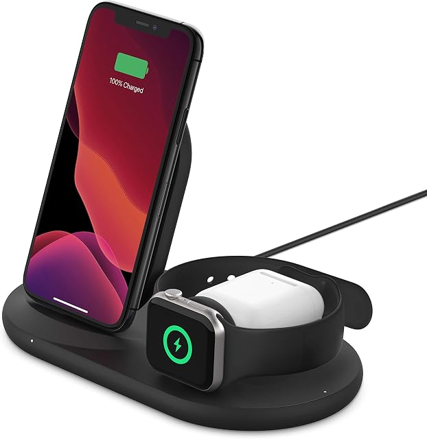 Belkin 3-in-1 Wireless Charger (7.5W Wireless Charging Station for iPhone, Apple Watch and AirPods) - Wireless Charging Dock, iPhone Charging Dock, Apple Watch series 8, Ultra Charging Stand - Black