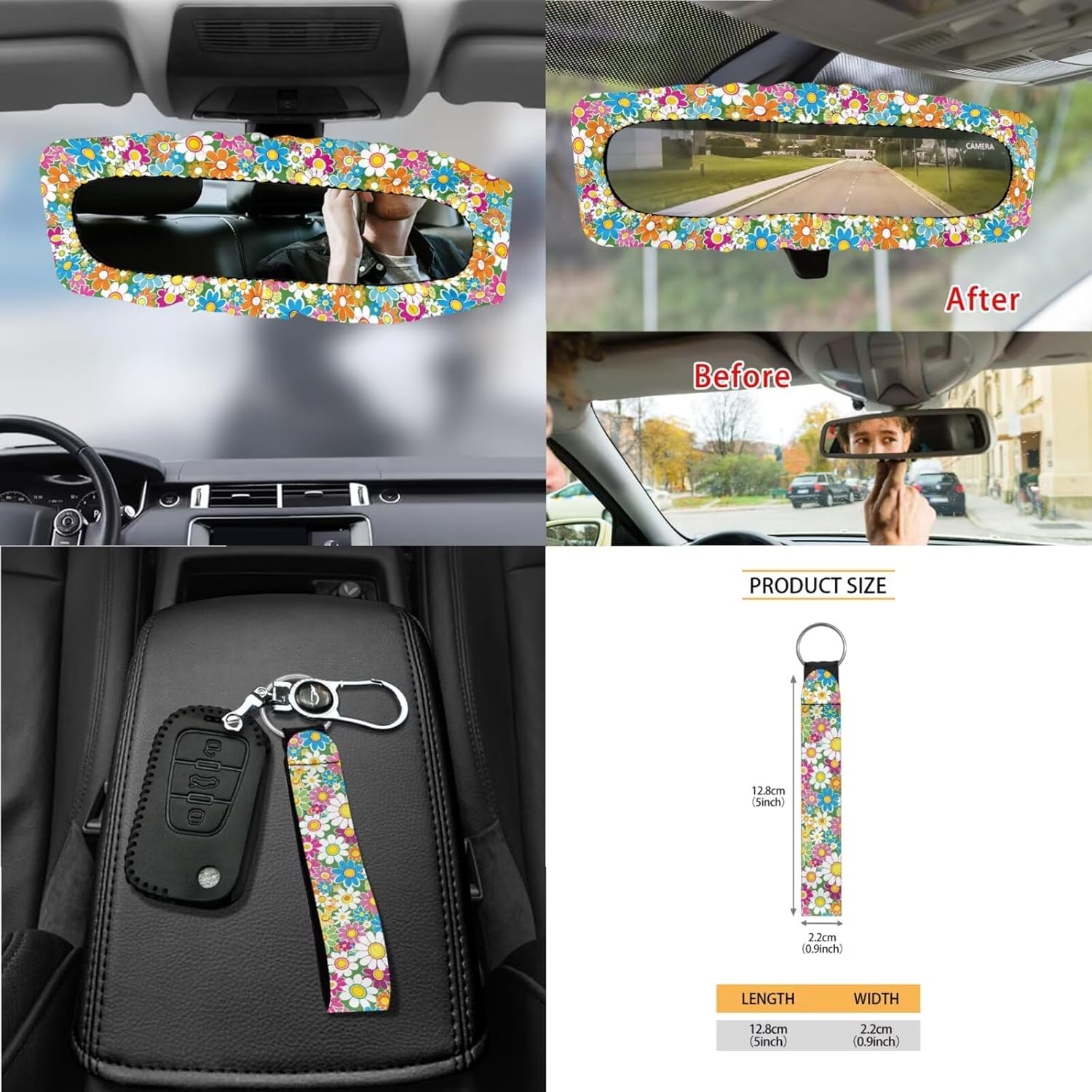 15Pcs Car Seat Cover Full Set Car Steering Wheel Cover Seat Belt Cover Trash Bin Air Vent Storage Box Front Rear View Mirror Car Cup Holder Keychain, Vibrant Hippie Flower