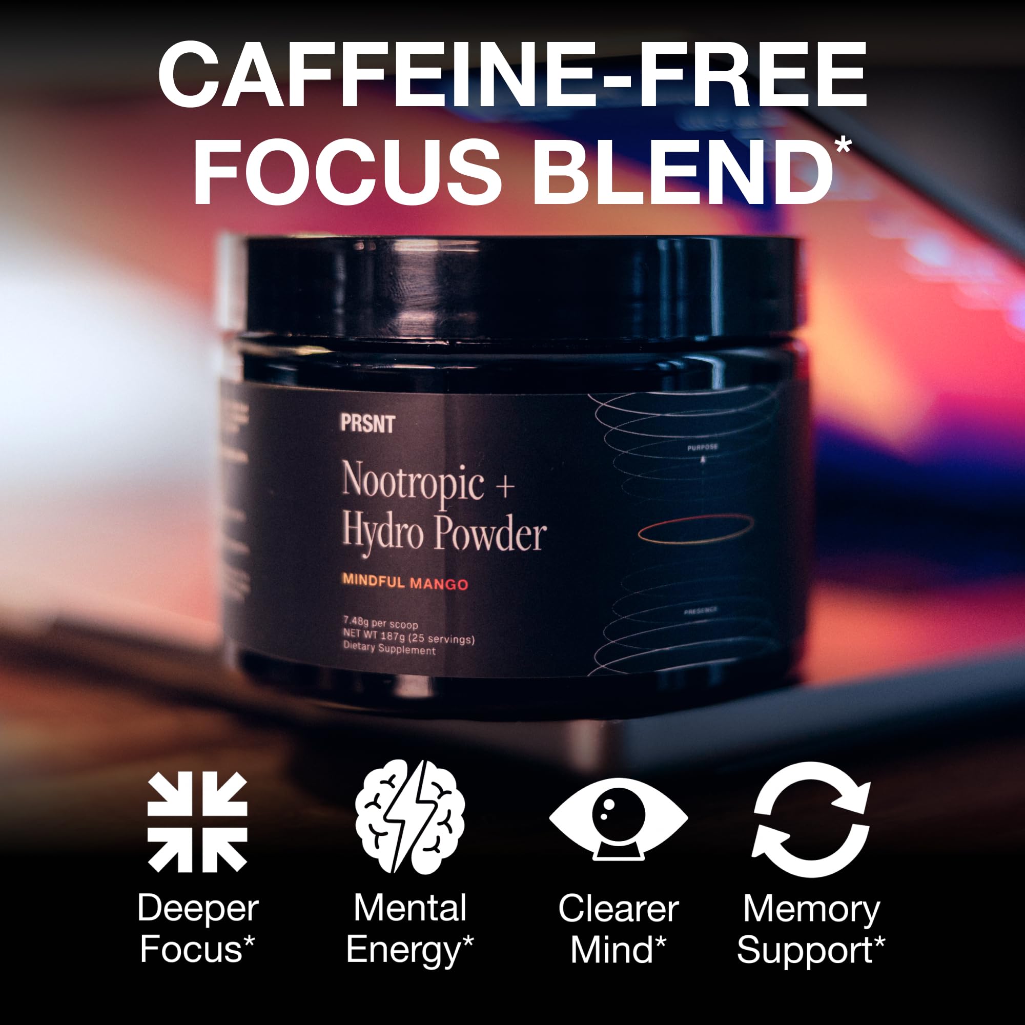 PRSNT Nootropic Focus Powder | Mango 25 Servings | Caffeine-Free, Sugar-Free | Supports Memory, Mental Clarity, Energy | Nootropic + Electrolytes Hydration Drink Mix — Amazon image 2