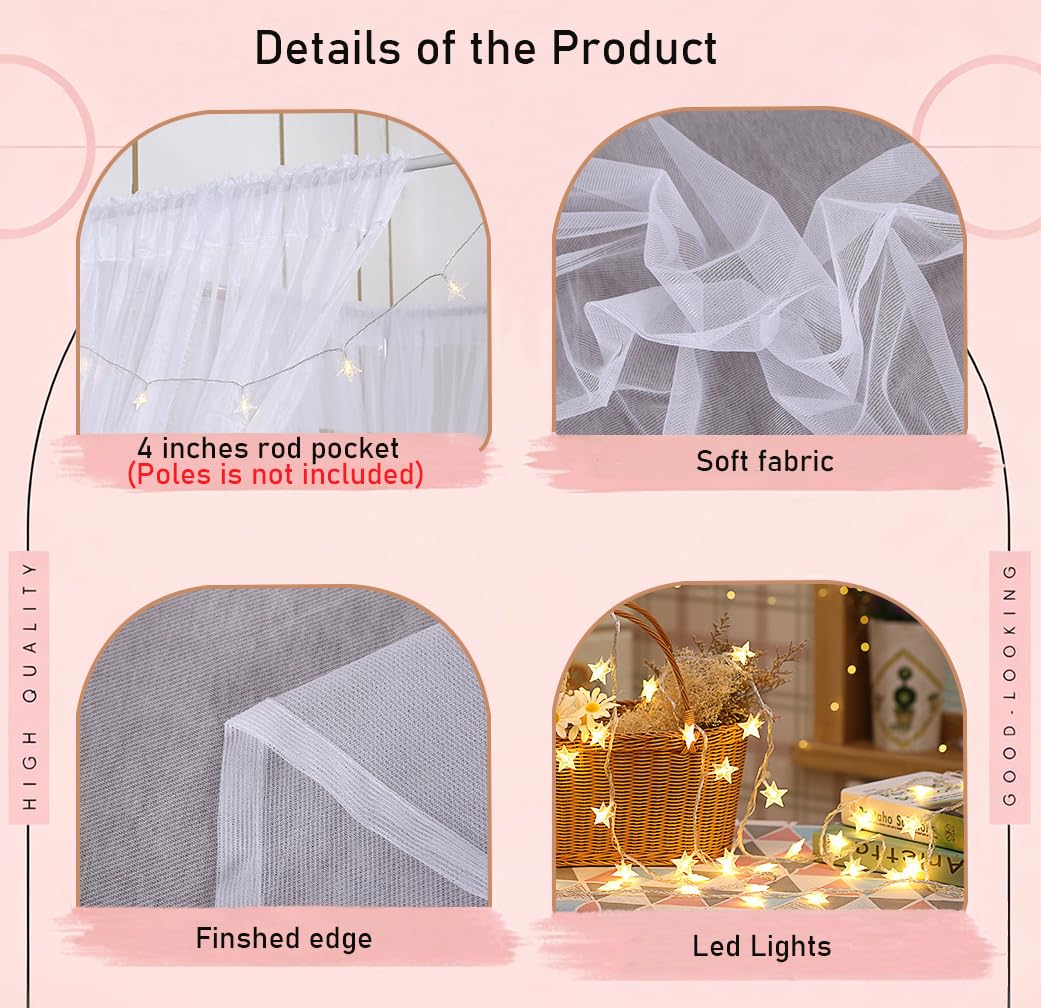Akiky Set di tende da letto a baldacchino con stelle e tenda velata per letto king size, 8 pannelli per baldacchino (king size, bianco)
