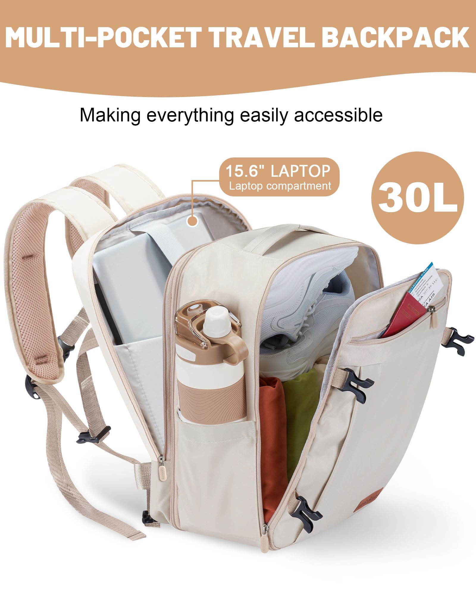 Mochila Viaje Cabina Avion 40x30x20, Maletas de Viaje Cabina para Vueling Impermeable Mochila Equipaje de Mano, 30L Mochila Hombre Mujer Travel Backpack Mochila Portatil(Beige Crema)