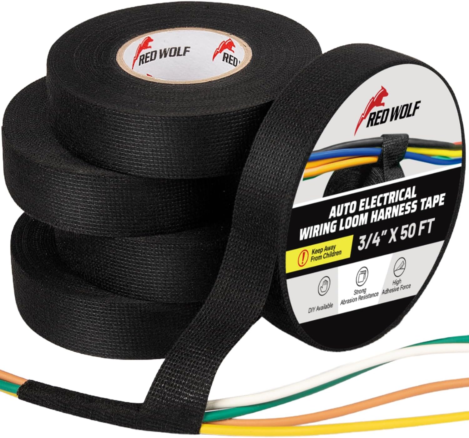 RED WOLF Wiring Harness Tape High Temp Wire Cable Loom Self-Adhesive Fabric Tape for Electrical Automotive Engine Harness Wrap Protection Noise Damping Cables Fixed 3/4 Inch x 50 FT 5 Rolls