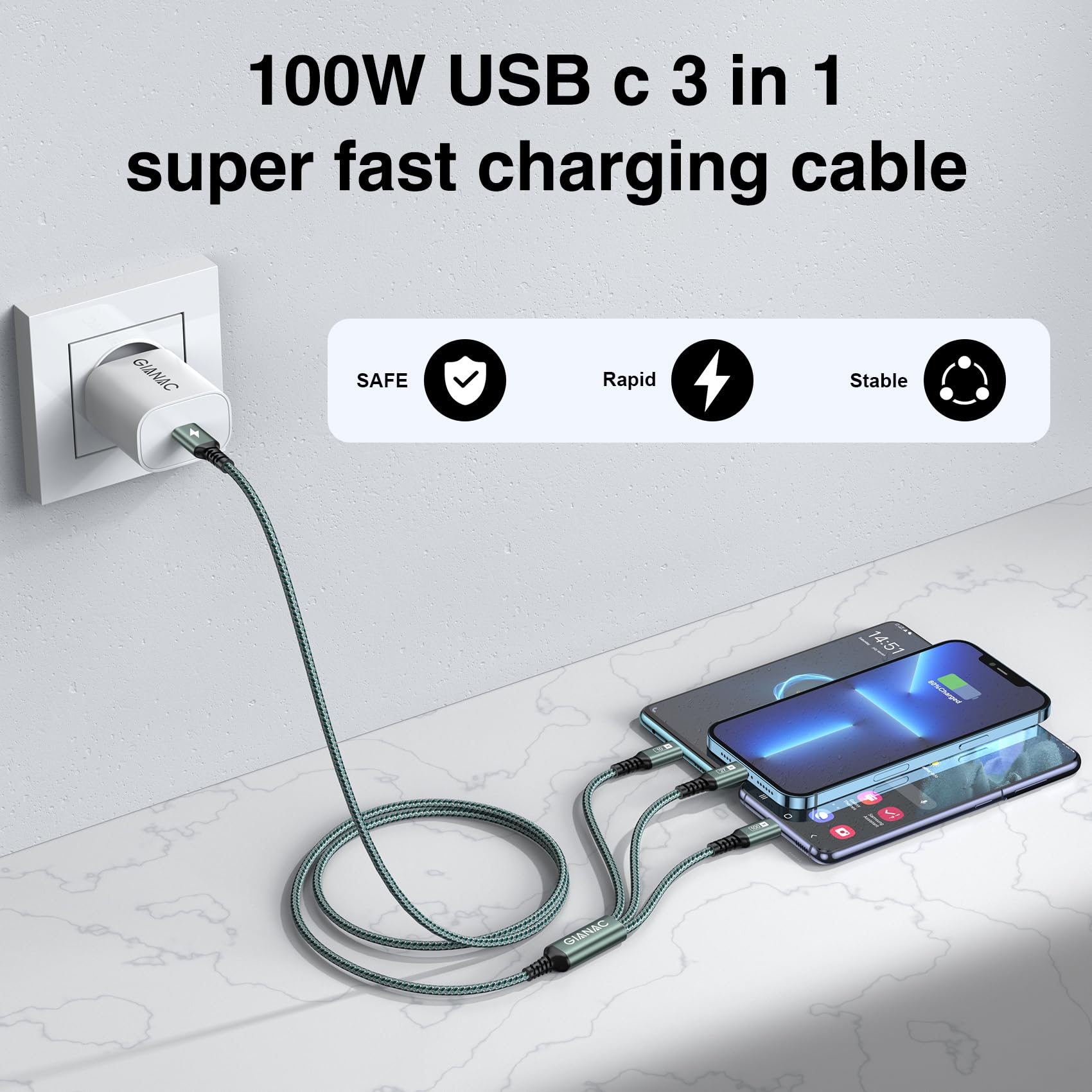 100W Cavo USB C Ricarica Multiplo, [1.2M] Cavo Ricarica Multiplo,USB C a USB C PD [100W]+USB C a Lightning [27W]+USB C a Micro [10W] per Galaxy S23/iPad Pro,iPad Mini, MacBook Pro/Air/iPhone 15 14 13