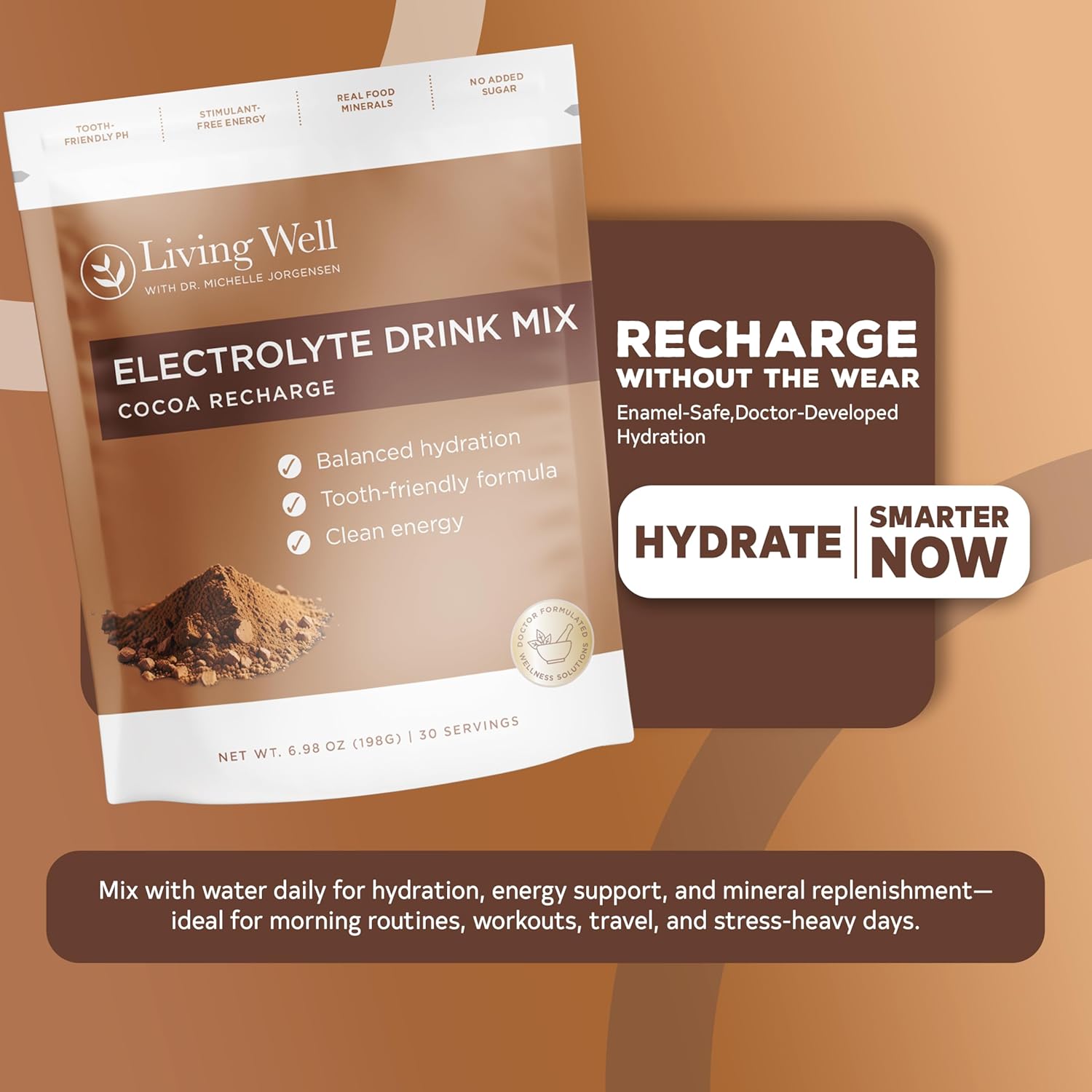 Living Well with Dr. Michelle Chocolate Electrolyte Powder – Caffeine-Free Electrolyte Drink Mix for Clean Hydration & Energy, Sugar-Free Cocoa Flavor