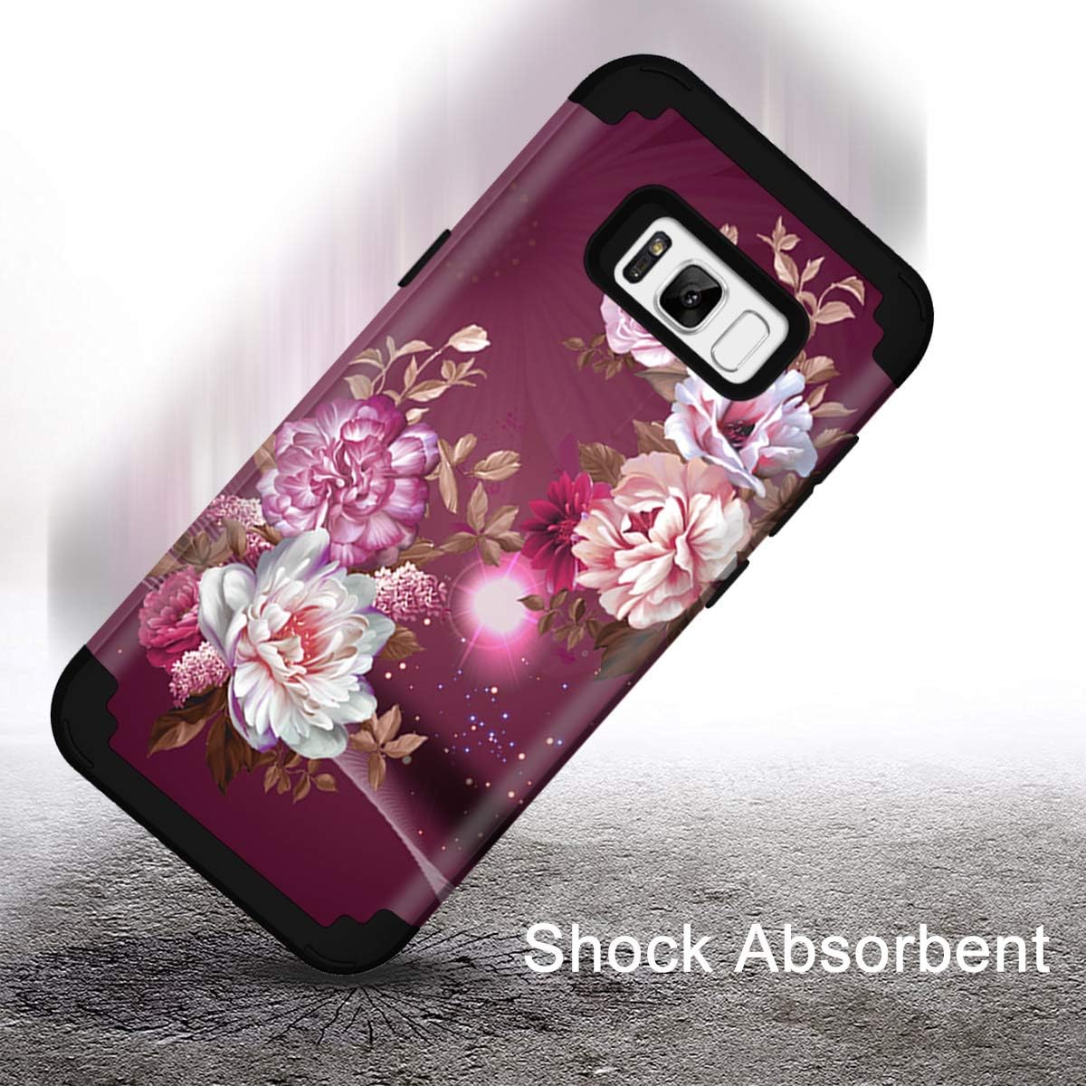 Hocase Galaxy S8 Plus Case, Heavy Duty Protection Shock Absorbing Silicone Rubber Bumper+Hard Plastic Hybrid Dual Layer Protective Case for Galaxy S8 Plus (SM-G955U) 2017 - Burgundy Flowers