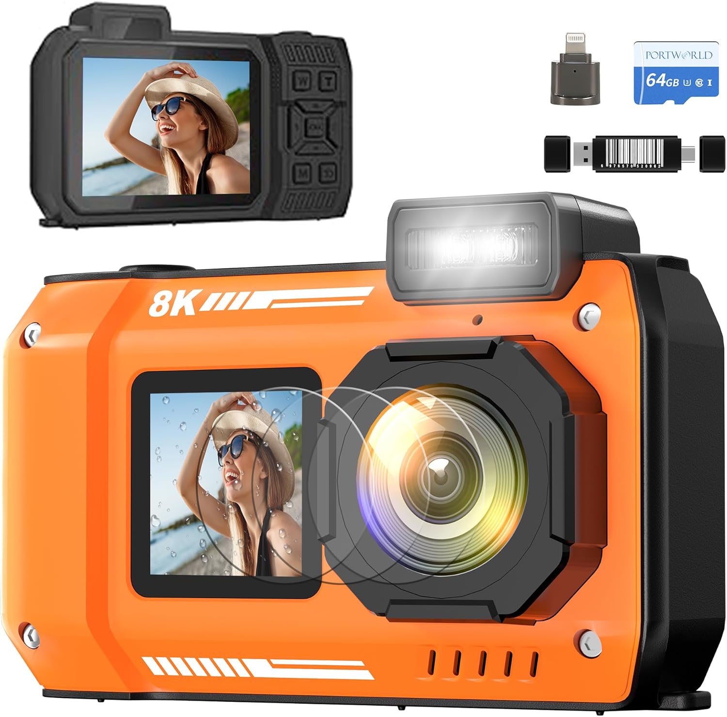 8K Underwater Camera 33FT Waterproof Camera with 64GB Card 70MP 18X Zoom Waterproof Digital Camera Auto Focus Dual-Screen Selfie 2500mAh Battery Dustproof Shockproof