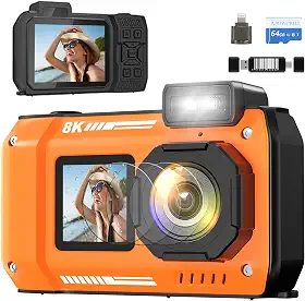 Câmera subaquática 8K à prova d'água de 8 m com cartão de 64 GB, zoom de 70 MP, câmera digital à prova d'água, foco automático, tela dupla, selfie de 2500 mAh, à prova de poeira, à prova de choque