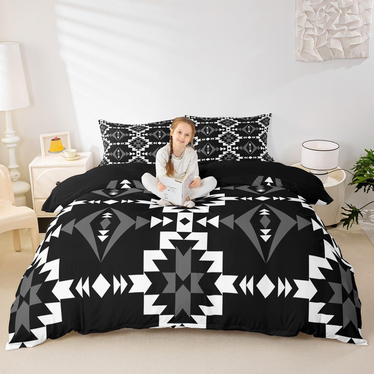 Western Aztec Comforter Cover King Size, Native American Navajo Duvet Cover For Boys Teens, Southwestern Geometric Bedding Set Ethnic American Native Bed Set Rustic Farmhouse Decor, Black White
