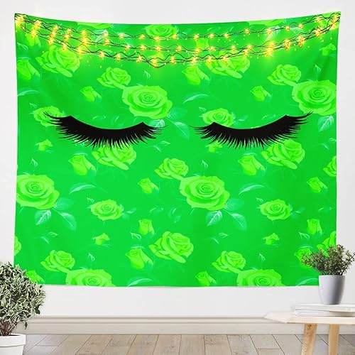 Miniatura 1 de Long Eyelash Kids Tapestry,Girlish Makeup Fashion Glamorous Wall Tapestries,Girls Boys Adults Bedroom Decor,Rose Flowers Romantic Wall Hanging,Green