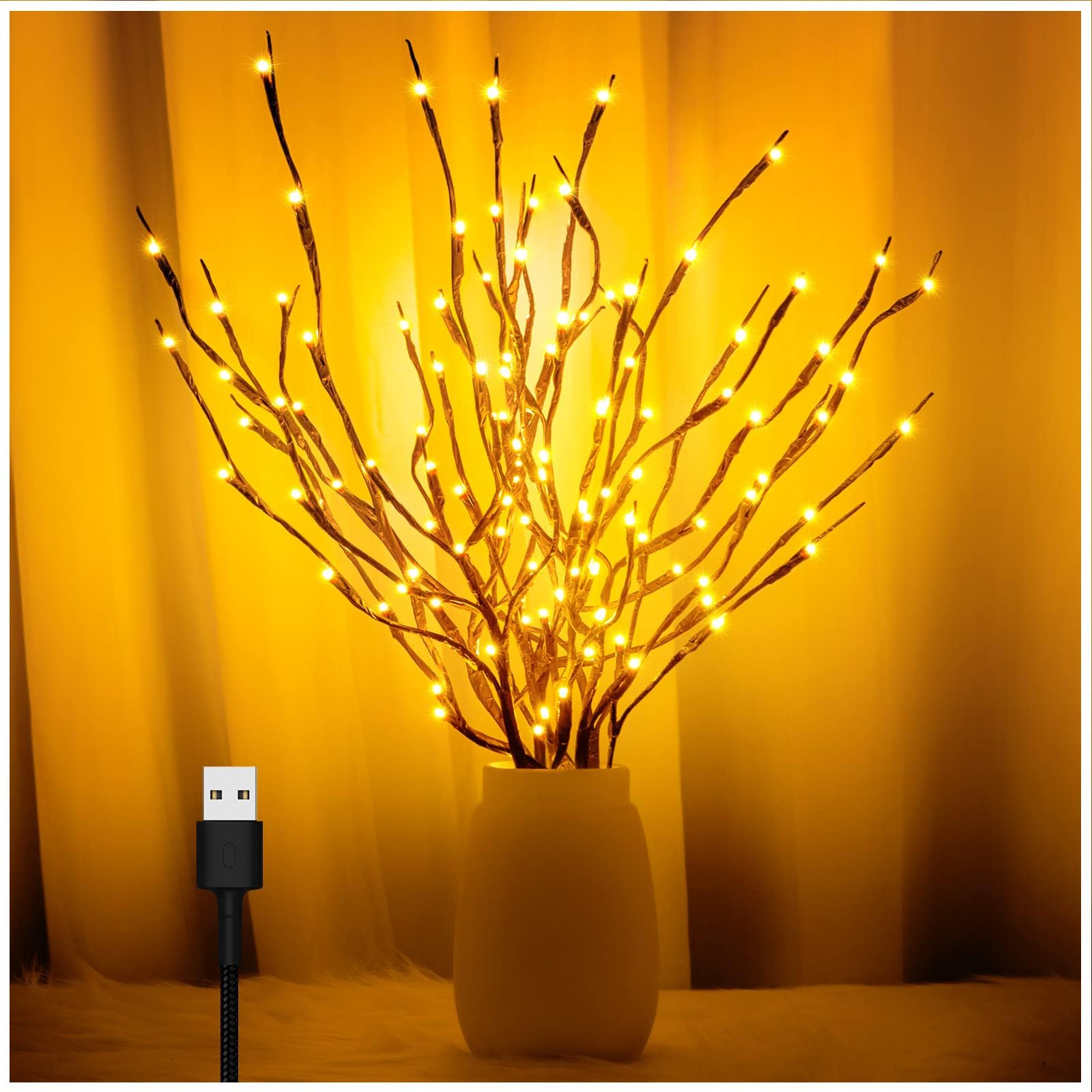 3PK 60" Led Branches, Twig Lights for Vase, Willow Branches with USB Plug, Artificial Tree DIY Decorative Lights for Holidays, Warm White