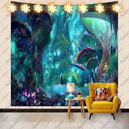 Miniatura 12 de Aidatain Tapiz de selva de hongos misteriosos, extra grande de 108 pulgadas y 90 pulgadas, diseño de árbol de luciérnaga de fantasía, juego de