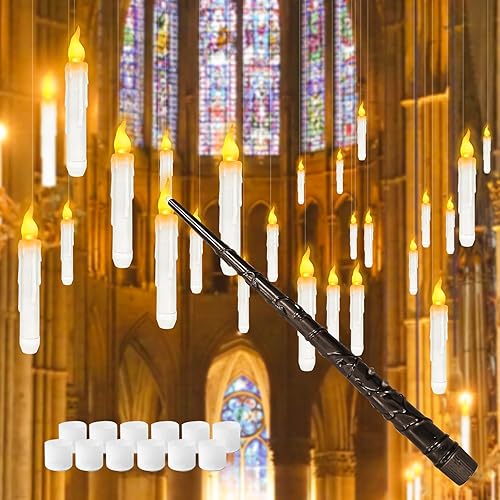 Harry Poter - Velas flotantes con varita remota, velas LED flotantes sin llama de 6.7 pulgadas, funcionan con pilas AA, para decoraciones de Navidad