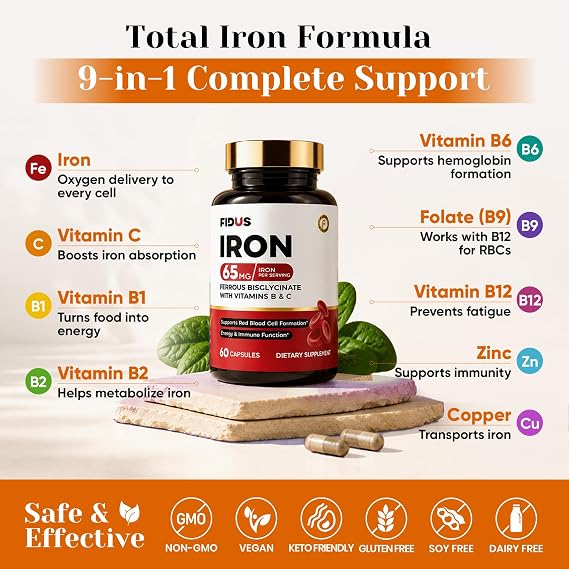 Fidus Gentle Iron Supplement for Women & Men | 65mg Iron (Iron Bisglycinate 350mg) with Vitamin C, B Vitamins, Zinc & Copper | Plant Based | Blood Donors | Made in USA