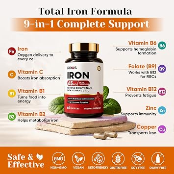 Fidus Gentle Iron Supplement for Women & Men | 65mg Iron (Iron Bisglycinate 350mg) with Vitamin C, B Vitamins, Zinc & Copper | Plant Based | Blood Donors | Made in USA