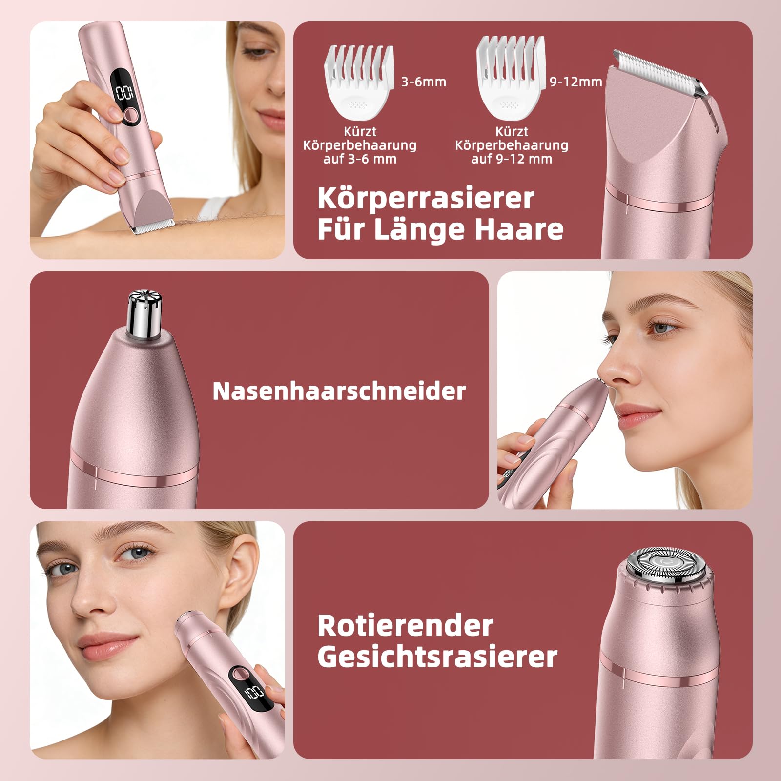 Rasierer Damen,3-in-1 Intimrasierer für Frauen Damenrasierer Elektrisch für Körper Scham und Nasenhaartrimmer Nass- und Trockengebrauch Wiederaufladbarer Trimmer (Rose Gold)