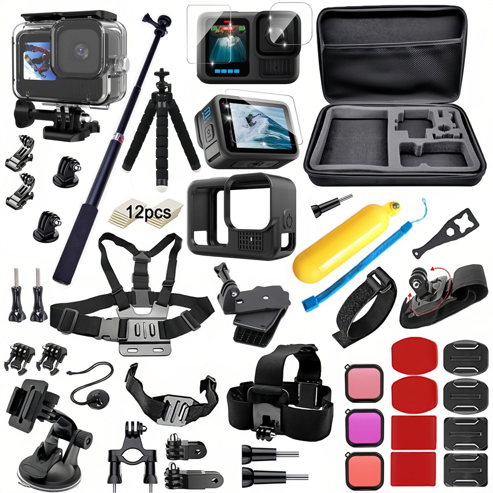 Ulepszony zestaw akcesoriów do GoPro Hero 13 Black Kit, wodoszczelny pokrowiec ochronny, wodoszczelna obudowa, akcesoria do snorkelingu, uchwyt rowerowy kijek do selfie, pasek na głowę do GoPro Hero13