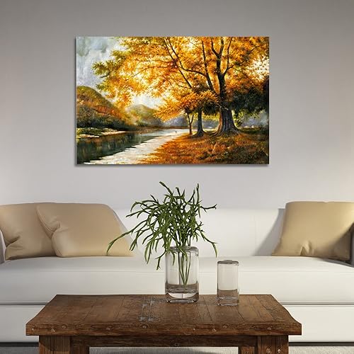 Miniatura 3 de Wieco Art Lienzo de giclée impresiones de arte de pared por pinturas al óleo, grandes árboles contemporáneos de otoño, imágenes para sala de estar,