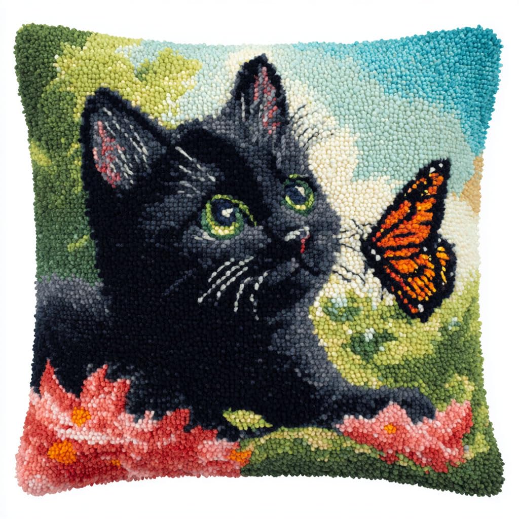 Taxpy DIY Latch Hooking Pillow Kits, Cats, Flowers and Butterflies Pillow Cover Preprinted Throw Pillow Needlework Crochet Yarns Latch Hook Cushion Making17x17inch