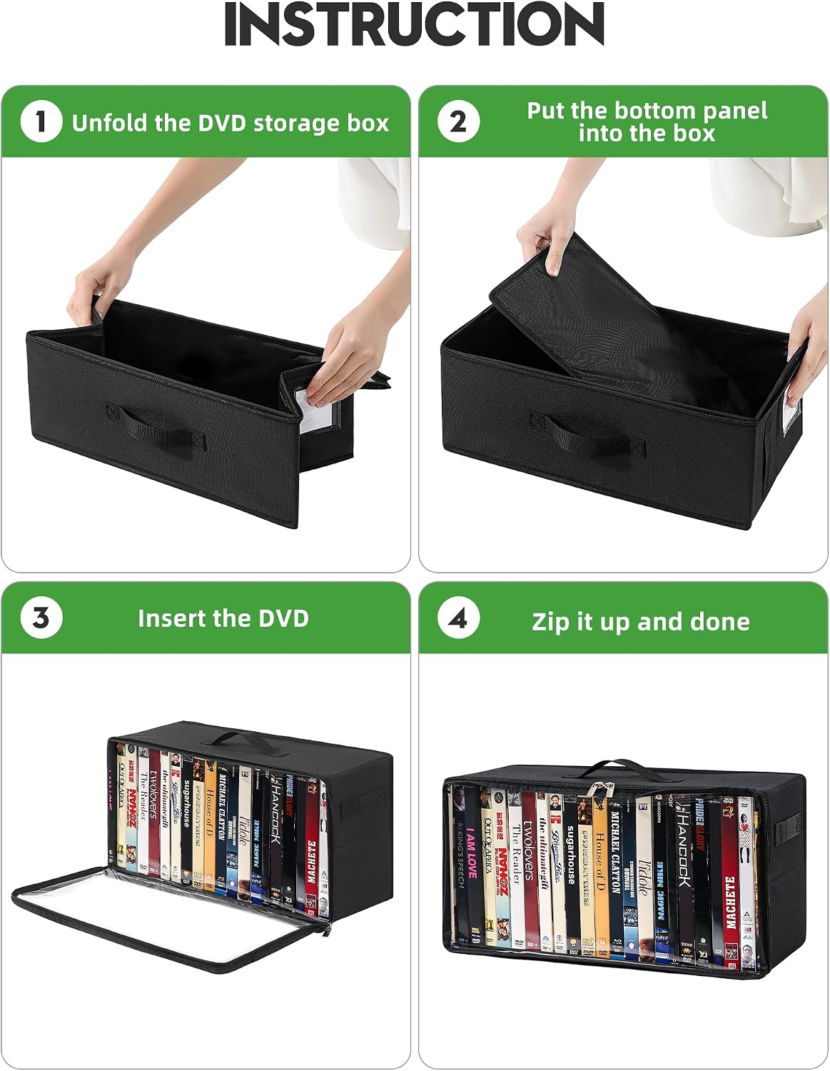 4-Pack DVD Storage Box, Stackable DVD Case Holder Organizer with Front Zippered Clear Window, CD Holder for CD, Blu-ray, VHS, Video Games, and Movie Collection, Holds 100+ Cases