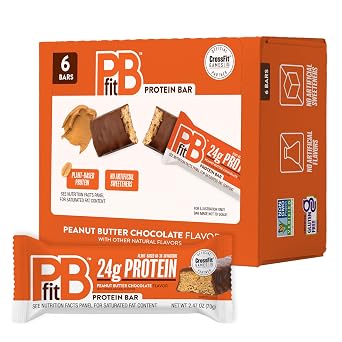 PBfit Peanut Butter Chocolate Protein Bars, 24g Protein, Gluten Free, Vegan, Plant-Based 40-30-30 Macros, 2.47 Oz Pack of 6