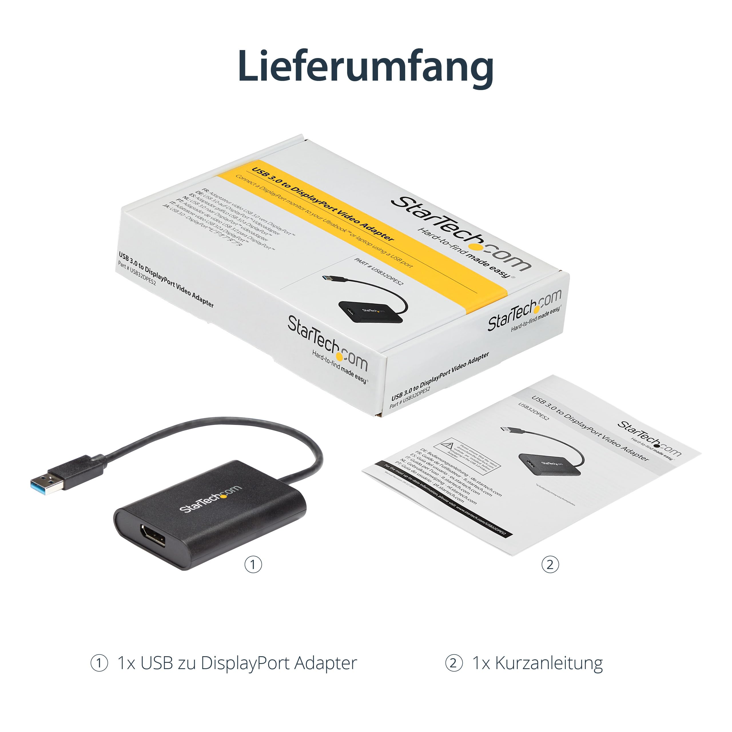 StarTech USB 3.0 auf DisplayPort Adapter, 4K, Windows (USB32DPES2) | USB DP Monitor Konverter, Nur Windows, 3840x2160 30Hz, 20cm Kabel, Zusatzbildschirm