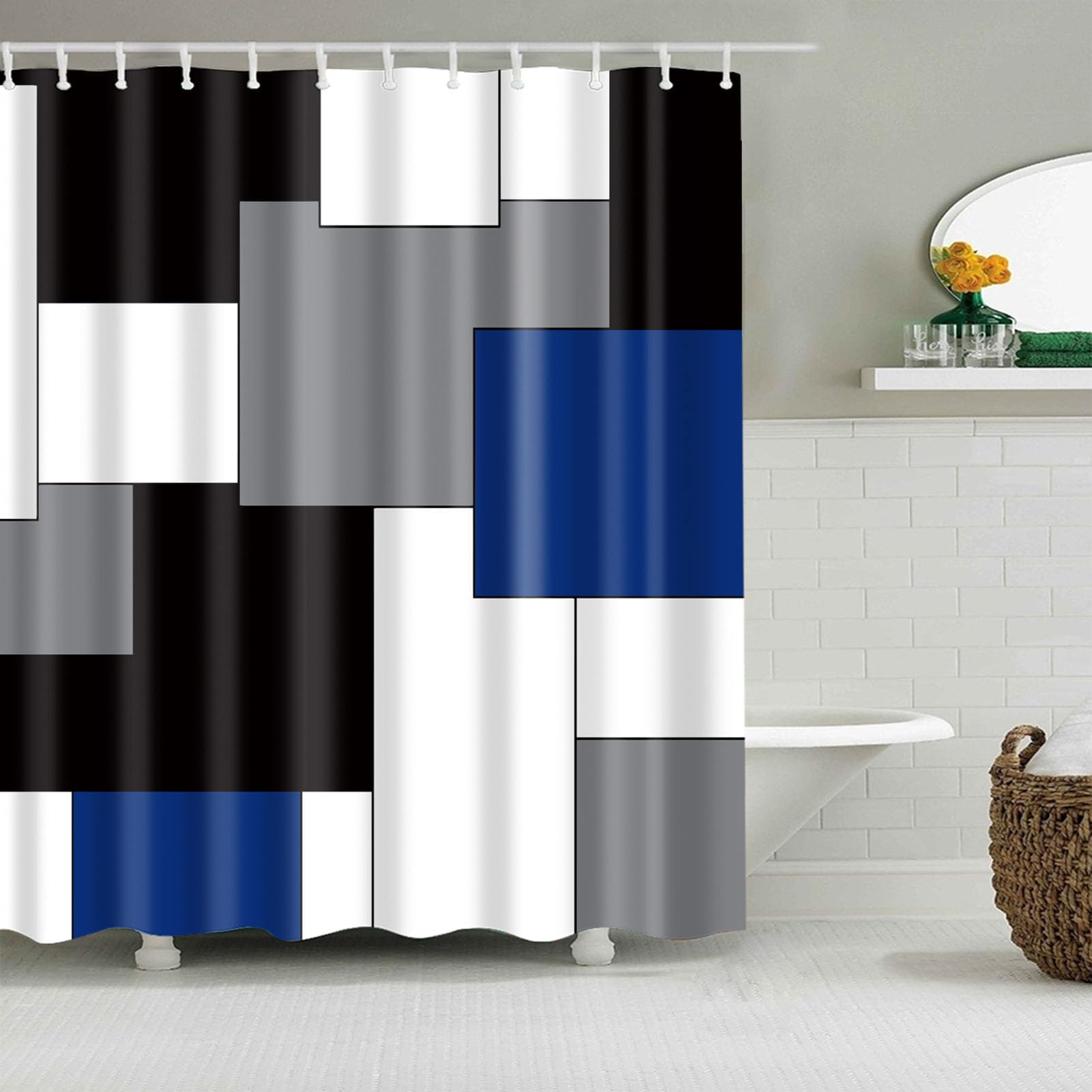 BOYOUTH Black,Grey,Navy Blue,White Geometry Pattern Digital Print Shower Curtains for Bathroom,Polyester Waterproof Fabric Bath Curtain with 12 Hooks,72x84 Inches,Multicolor