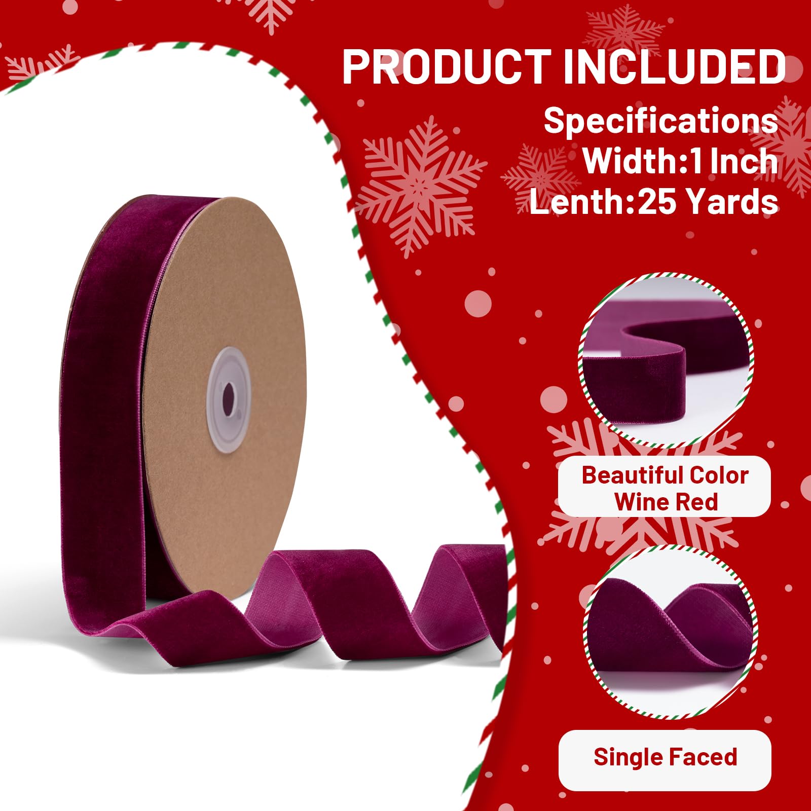 Wine Red Velvet Ribbon1 Inch x 25 Yd, FAKILO Ribbon Wine Red Velvet Perfect for Christmas Tree Wreath, Gift Wrapping, Bows - Image 2
