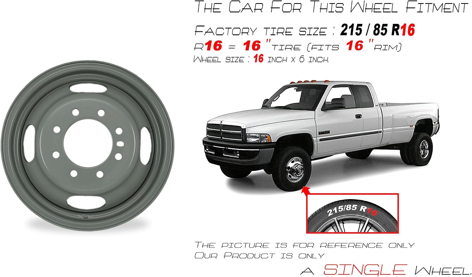 New Sinlge 16" 16x6 Inch Dually Wheel for 1994–1999 Dodge Ram 3500 | OEM Design Steel Rim | Silver Finish | Heavy Duty Replacement Truck Rim | Direct Fit – OE Stock Specs | 02125 2125