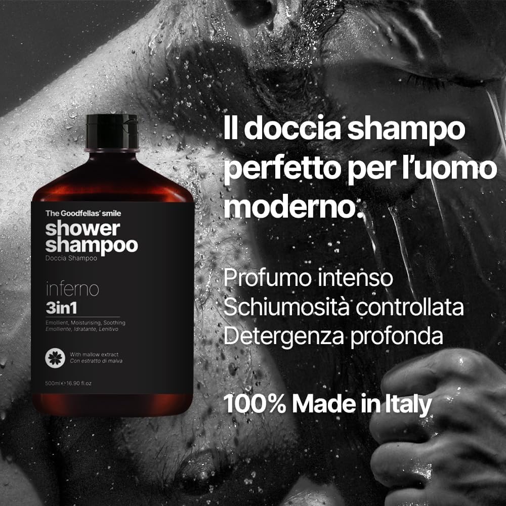 The Goodfellas' smile INFERNO 3-in-1 Shower Shampoo for Men | Body Wash, Shampoo & Conditioner | Spicy Cinnamon, Incense & Wood Scent | Moisturizing Cleanser | Made in Italy | 500ml