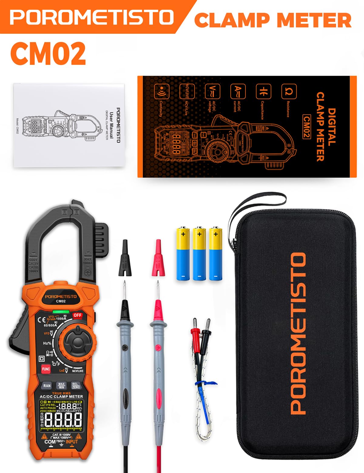 Clamp Meter POROMETISTO Digital Inrush Clamp Multimeter 6000 Counts 1000A — Amazon image 9