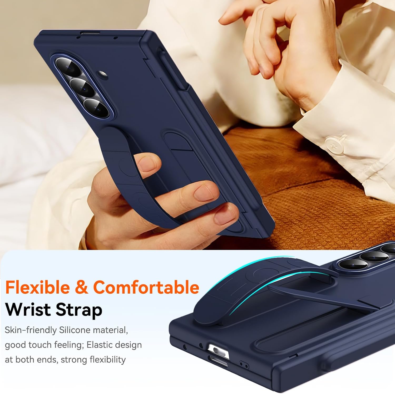 Finger Strap for Samsung Galaxy Z Fold 6 Case with S Pen Holder & Stylus, [Two Hinge Cover] Built inScreen Protector Kickstand Wristband Full Coverage Slim Protective Case for Z Fold 6 Blue