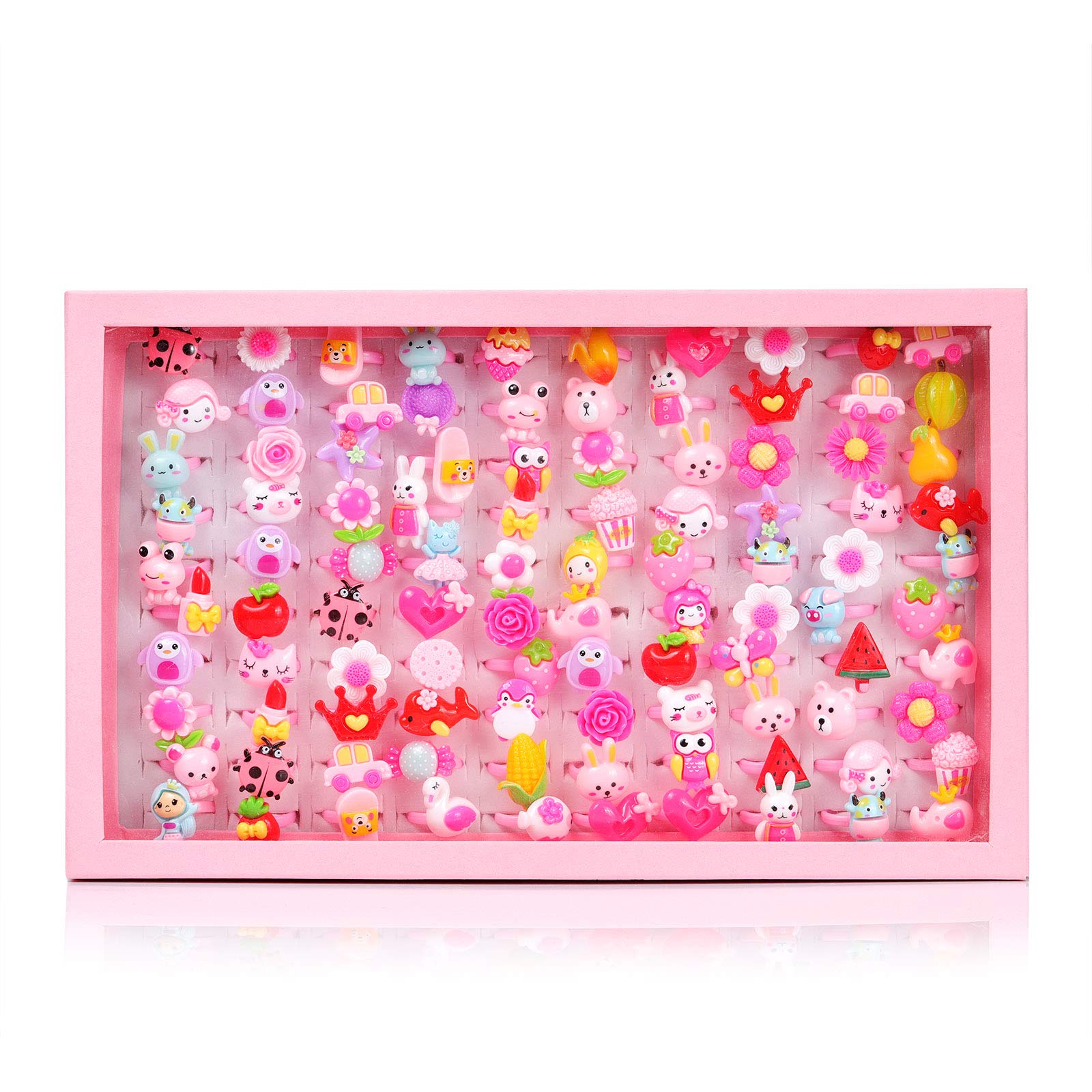 Anelli Bambina Regolabili 100 Pezzi, Set Gioielli di Lusso Bimba Ragazza Fiore Cuore Farfalla con Scatola, Stile Casuale