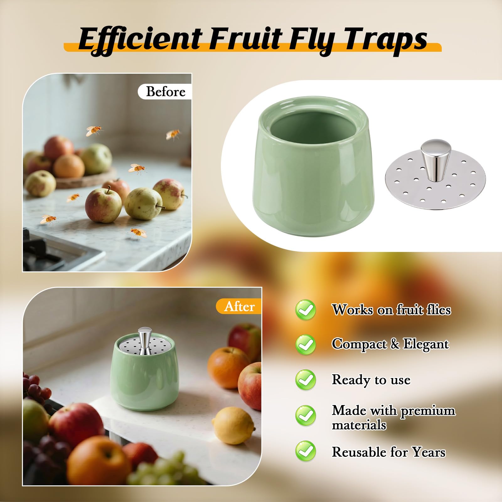 Fruchtfliegenfalle aus Keramik für den Innenbereich, Grün, 2 Stück