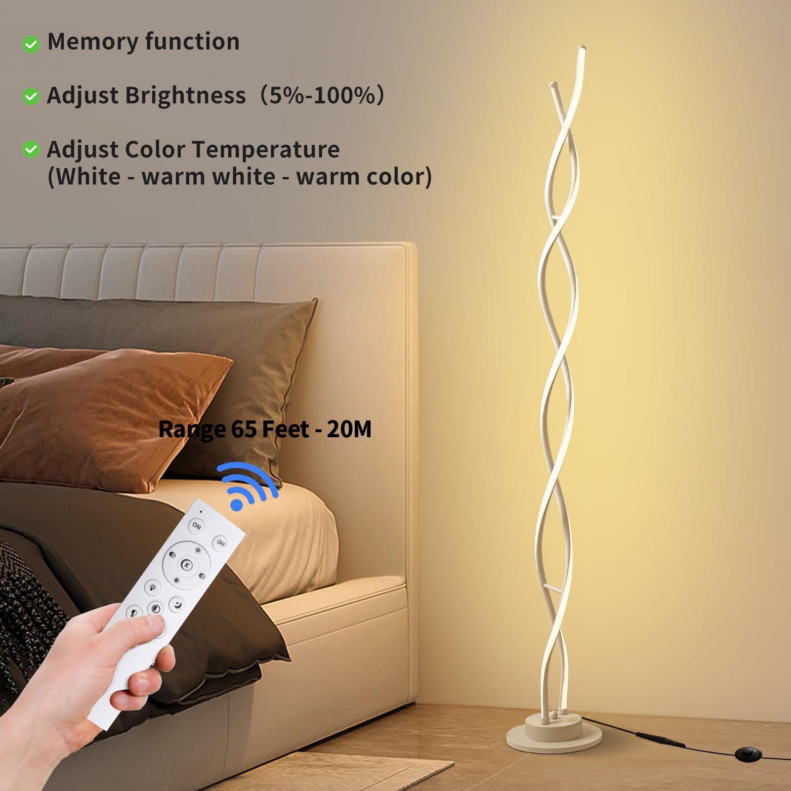 Lampa stojąca, do salonu, salonu, salonu, 3 temperatury barwowe i 5 poziomów jasności, 140 cm, biała lampa stojąca, do salonu, sypialni, restauracji, biura