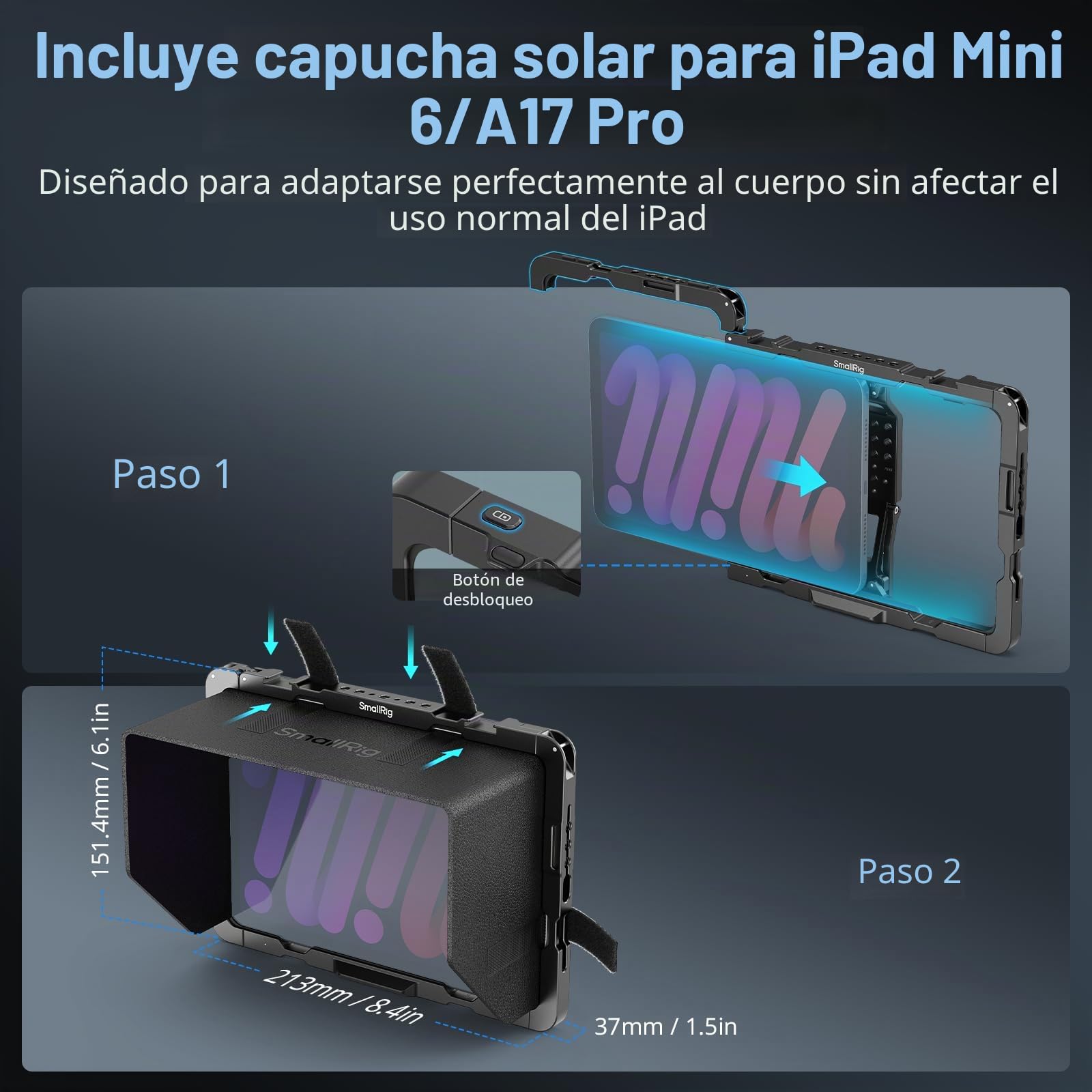 SMALLRIG Jaula de Metal para iPad Mini 6 / A17 Pro, Adaptador de Montaje en Trípode para iPad con Orificios de 1/4"-20, 3/8"-16, Montaje en Zapata Fría, con Parasol - 5058