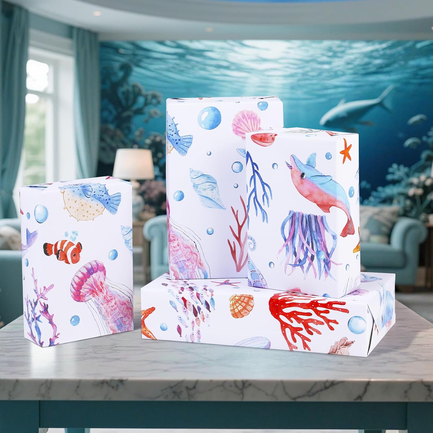 Ocean Gift Wrapping Paper for Kids, 17 In x 16.4 Ft - Mini Roll, Watercolor Sea Animal Gift Wrap with Whale Dolphin Starfish Pattern for Birthday Baby Shower Summer Beach Party Supplies Graduation image 2