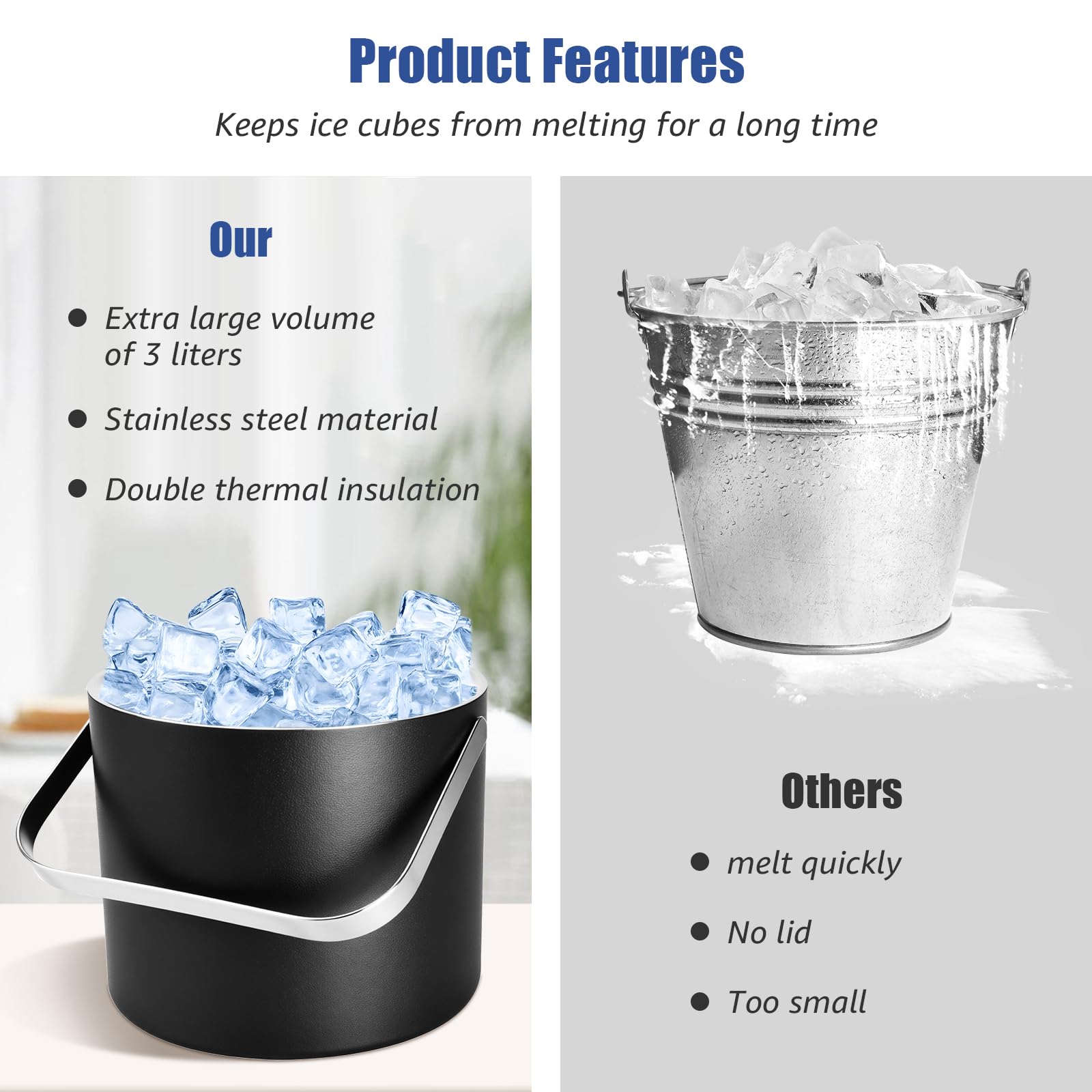 3L Seau à glace isolé exclusif de, en acier inoxydable, à double paroi, avec couvercle en silicone, pince, passoire, bac à glaçons en acier inoxydable, seau à glace isolé pour les fêtes