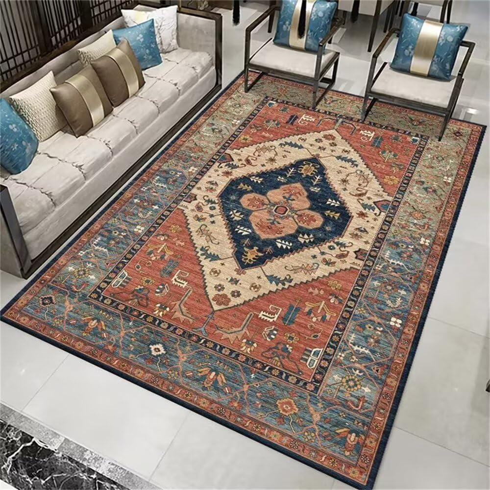 Tapis de salon bleu et orange 200x200 cm format XXL pour bureau