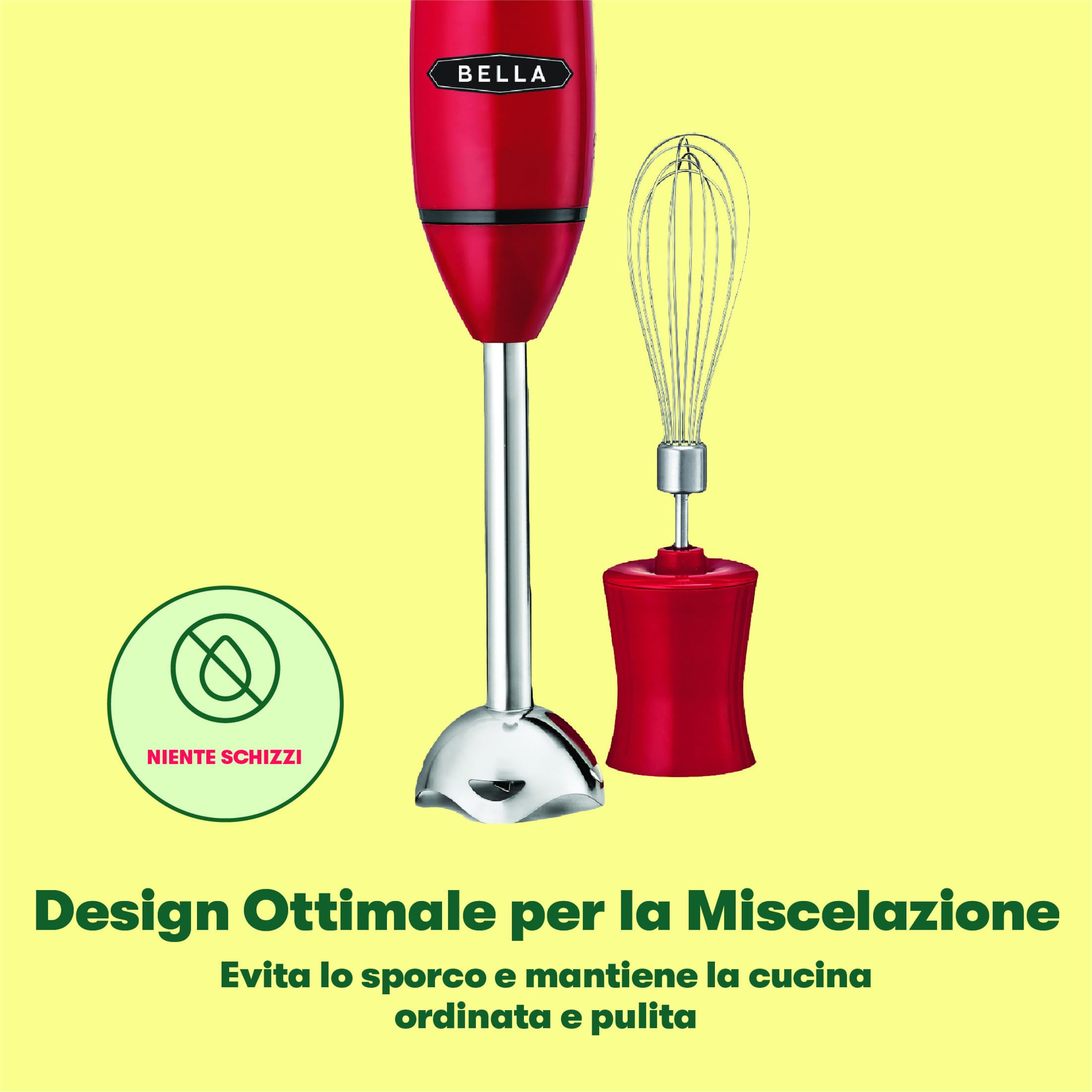 bella Frullatore a Immersione, Mixer Portatile Compatto con Accessorio Frusta per Succhi, Frullati, Cibo per Bambini e Smoothie, Senza BPA, Acciaio Inossidabile, Rosso