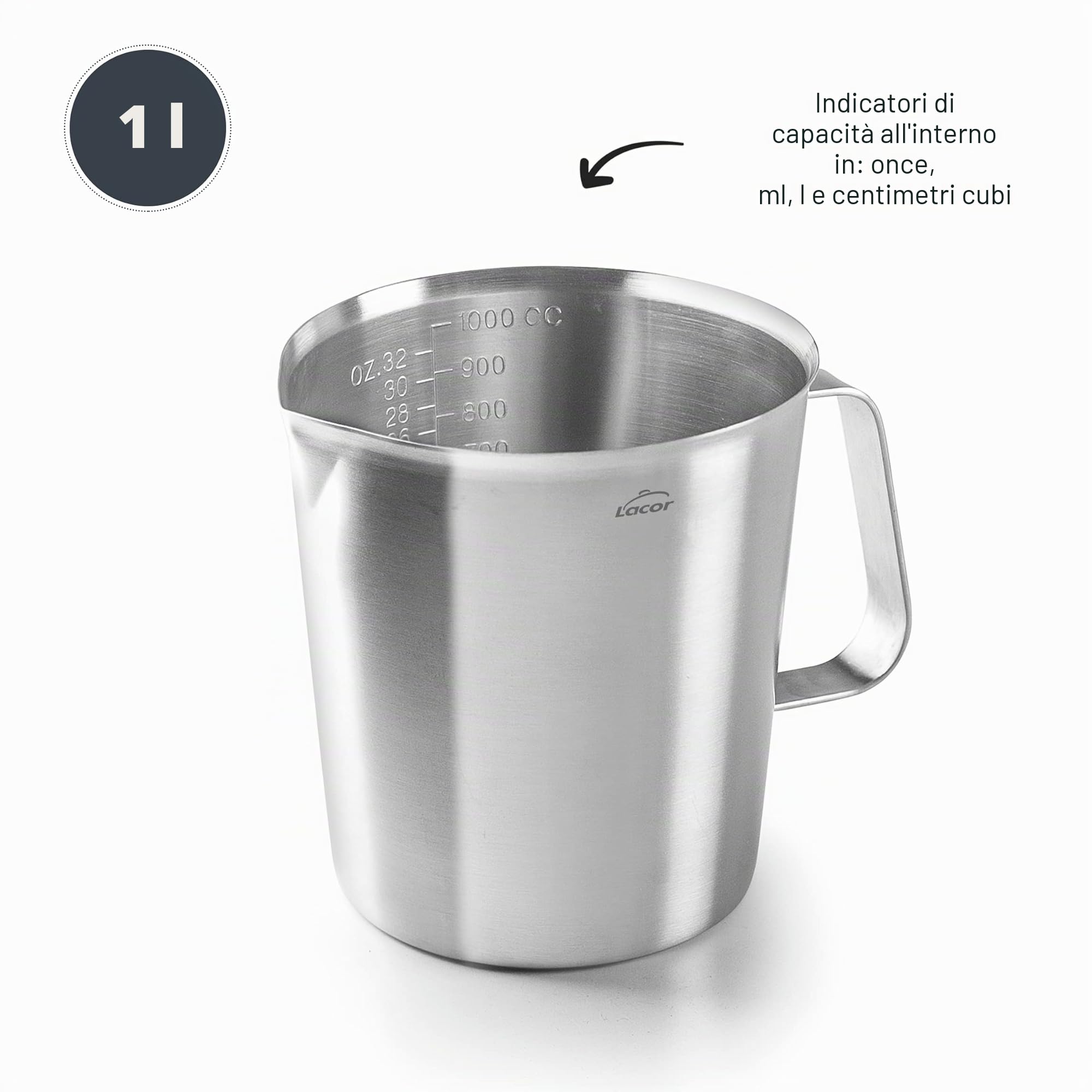 LACOR - 62741 - Caraffa graduata, misurino, misuratore dei liquidi, in acciaio inox, senza BPA, 11,5 cm, 1 l