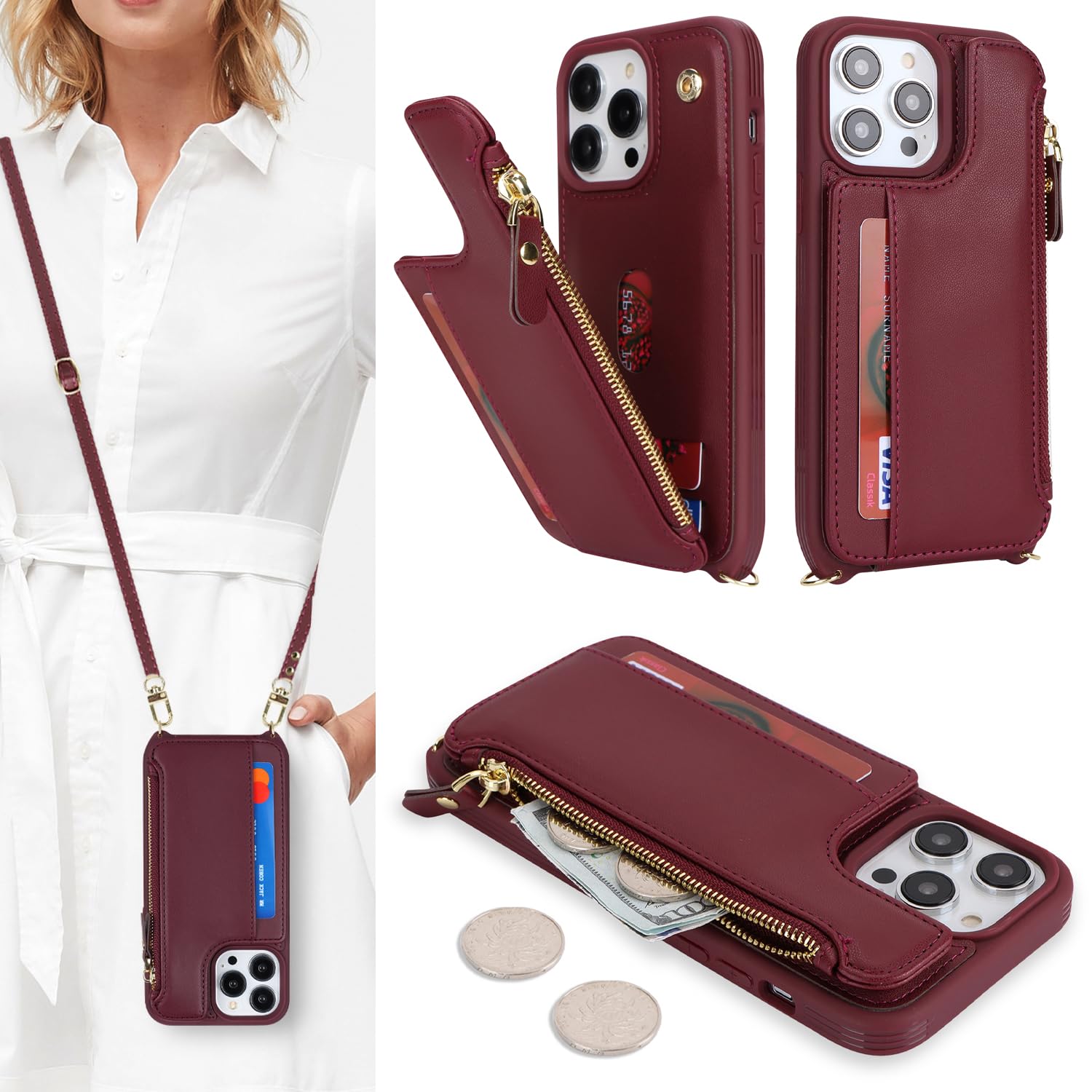 Cavor for iPhone 15 Pro Case with Card Holder,for iPhone 15 Pro Wallet Case for Women,for iPhone 15 Pro Case with Strap,Crossbodyand Wristlet,Leather Zipper Pocket Phone Case-Wine red
