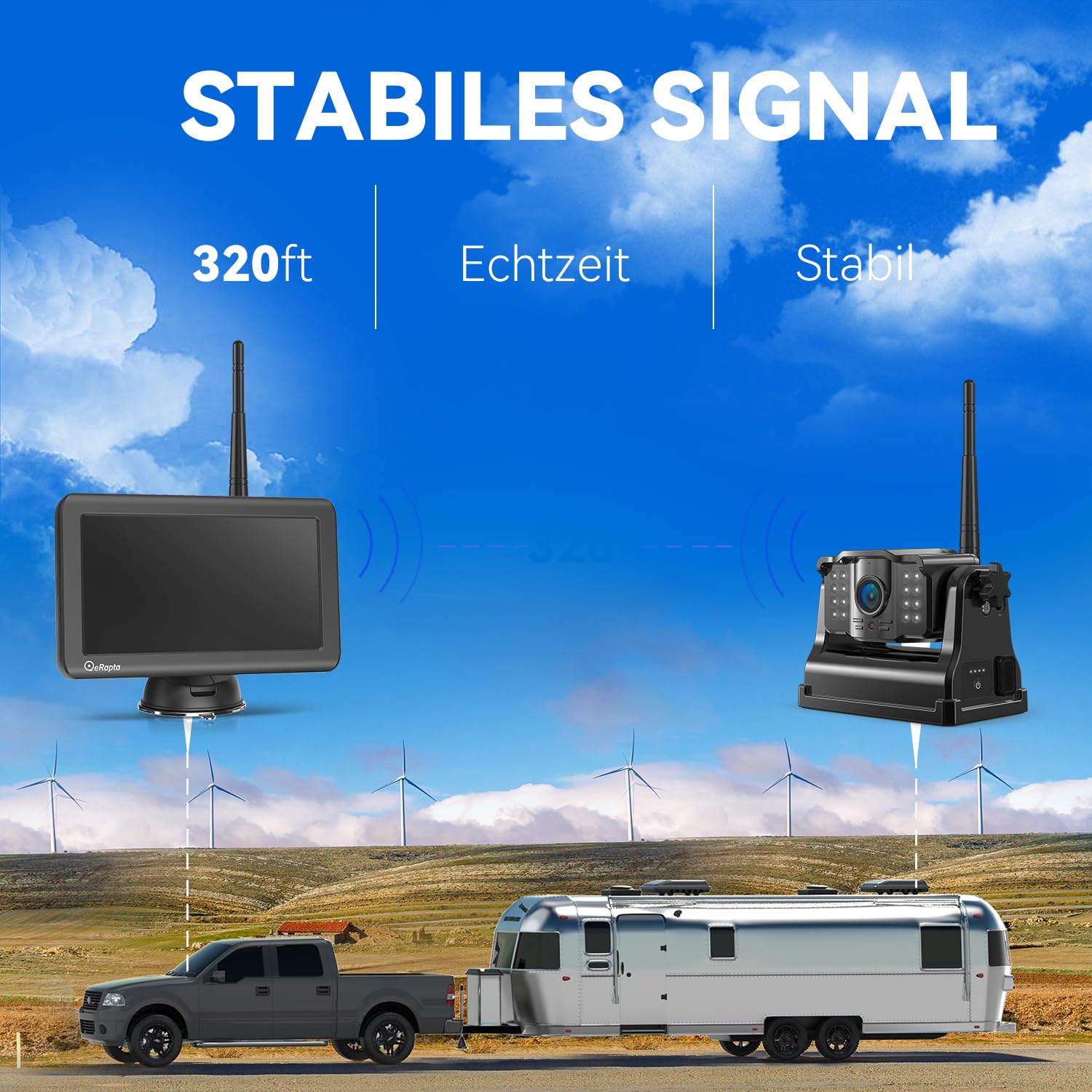 eRapta 5" LCD Kabellos Digital Rückfahrkamera Set, 1080P Monitor, 9600mAh Akku, IP69K Wasserdicht für Auto LKW Van SUV Wohnmobil
