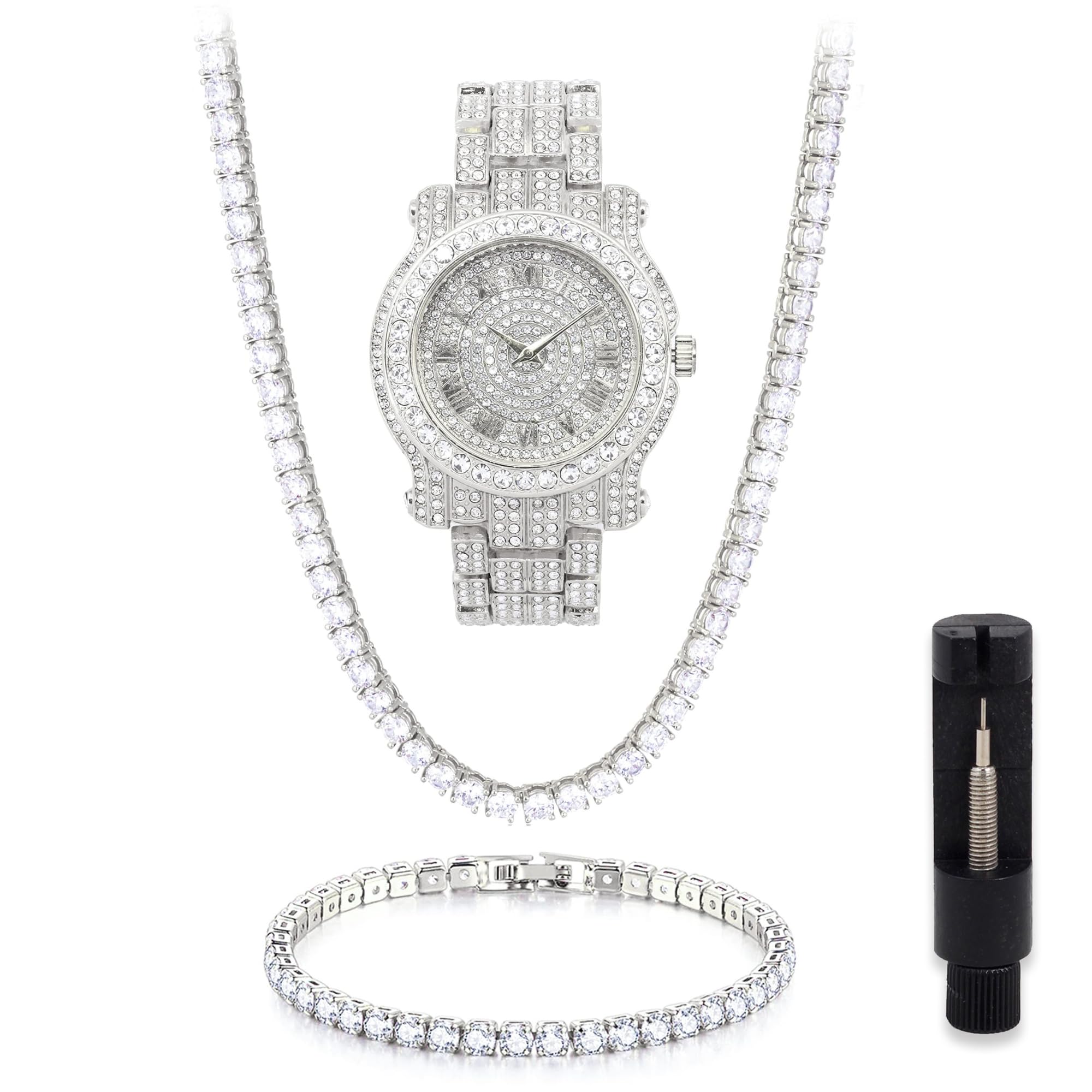 Techno Pave Mens Iced Out Metal Band Watch & Bling-ed Out Jewelry Set - Silver Roman Dial