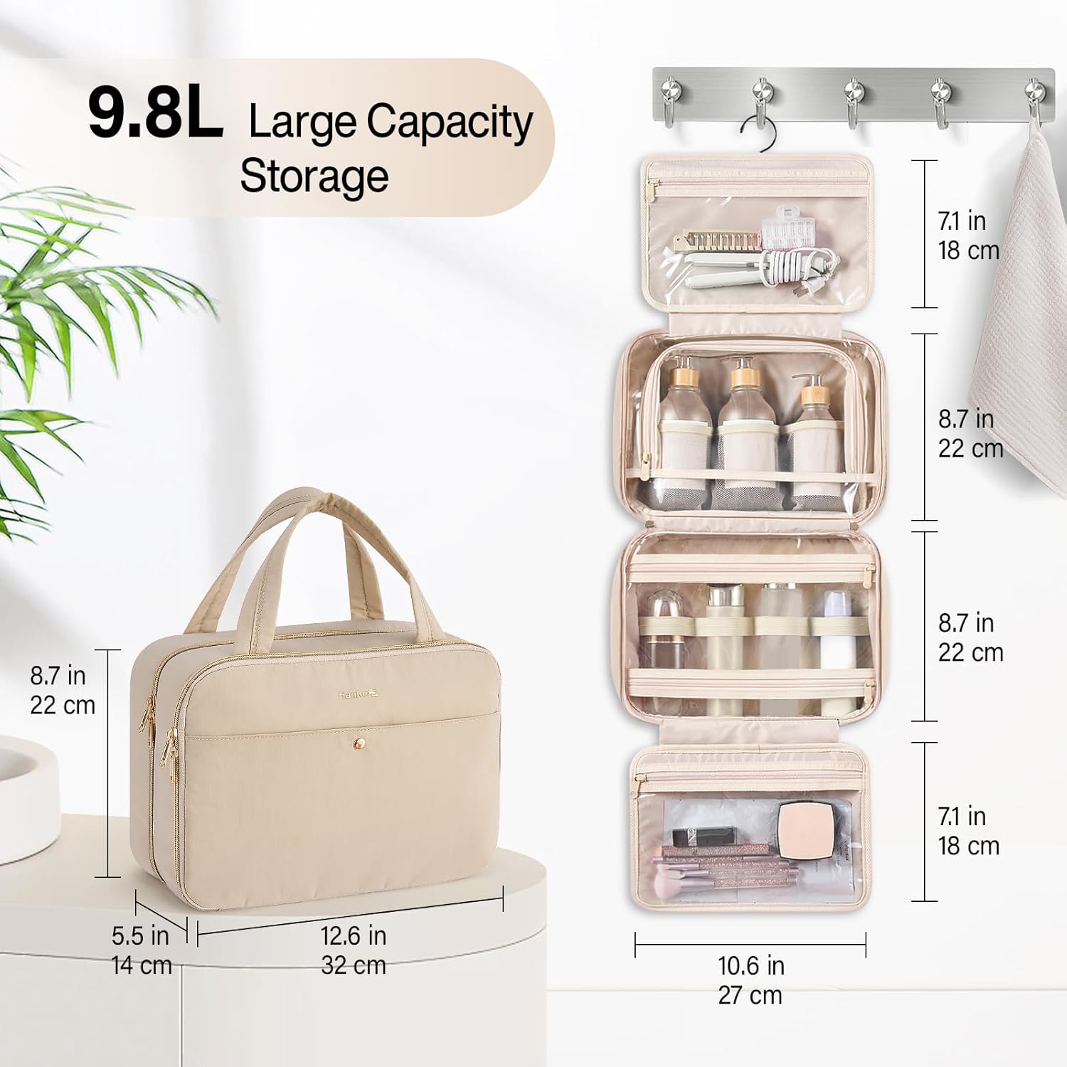 Hanke Hanging Travel Toiletry Bag for Women with Jewelry Organizer Compartment, Travel Essentials Toiletries and Makeup Bag, Water-Resistant & Stain-Resistant with Trolley Strap (Apricot) - Image 2