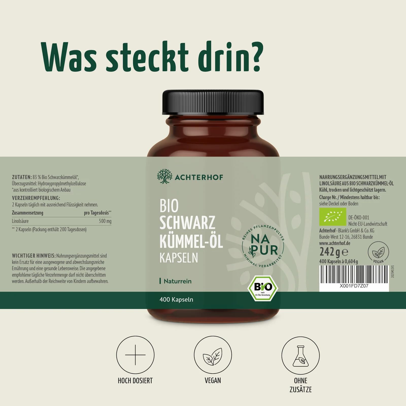 Bio Schwarzkümmel-Öl Kapseln 400 Stück | 1000mg pro Tagesdosis | naturbelassen und schonend kaltgepresst | vegan | höchste Bio-Qualität | vom Achterhof