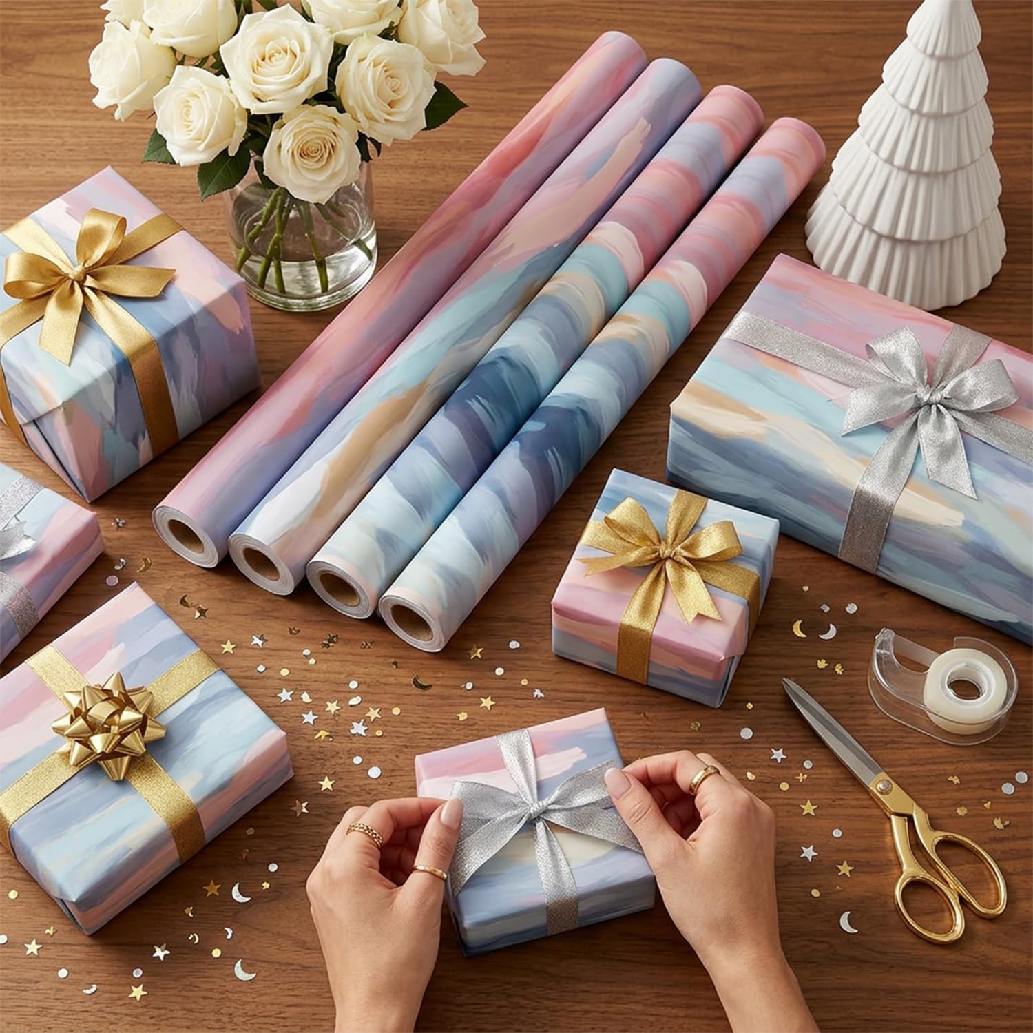 Prettykrafts Handpaint Scenic Gift Wrapping Paper | Pack of 5 | 70x50x0.2 cm | Large Size | Reusable & Eco-Friendly Paper Bags for Gifting, Parties, Return Gifts, Shopping and Special Occasions