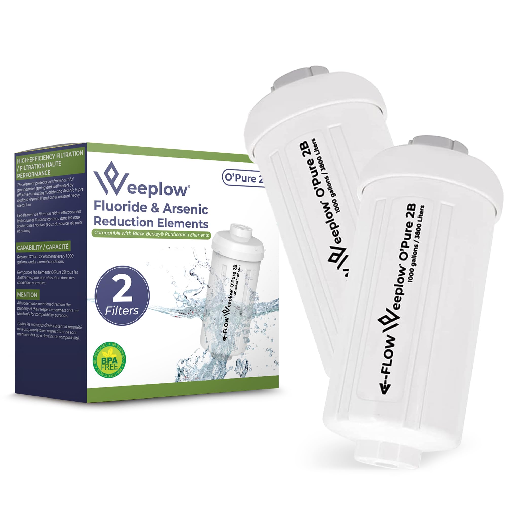 Weeplow O'Pure 2B 2PF-2 Filtre à Eau pour Systèmes Gravitaires Berkey Lot 2 | Réduction du fluorure et de l'arsenic. Compatibles avec les filtres à charbon O'Pure 2 et Black Berkey. Lot de 2 éléments.