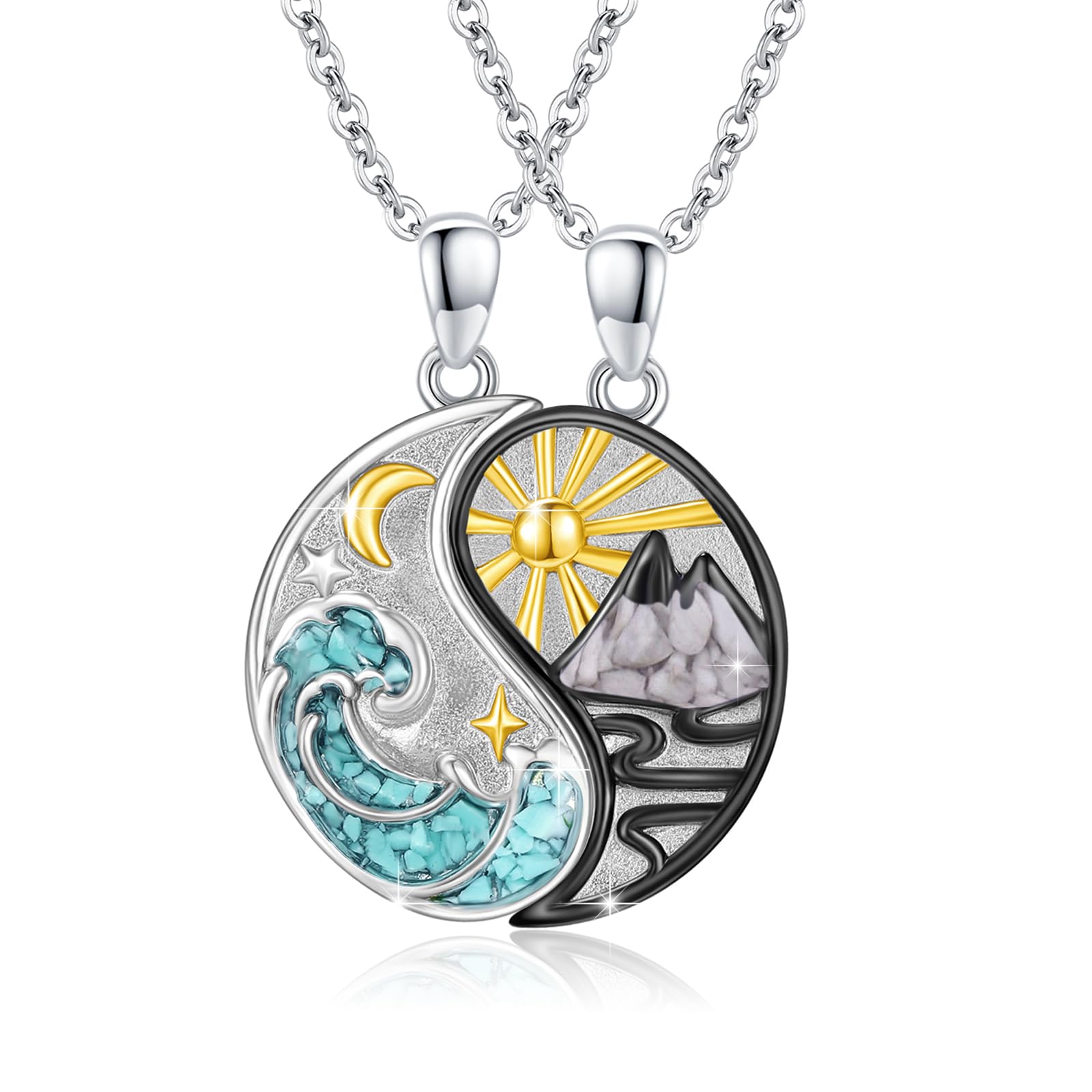 REDSUN Yin Yang Halskette 925 Sterling Silber Berg Sonne Anhänger Halskette für Paar BFF Kette 2ps Freundschaftskette Schmuck Geschenke für Damen Herren Couple Tochter （Türkis2）